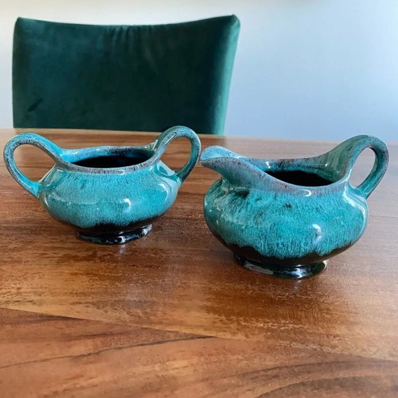 RARE 1960s cream and sugar pottery set from Canuck Pottery Ltd. Green Turquoise - Picture 1 of 15